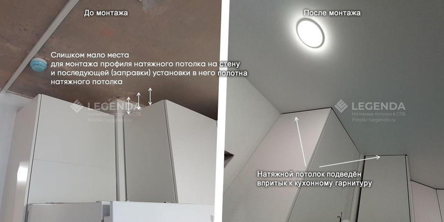 Натяжной потолок и высокая мебель мешающая монтажу. Варианты установки.
