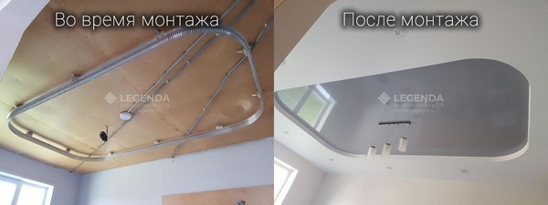 Двухуровневый натяжной потолок во время и после установки &ndash; Фото 2