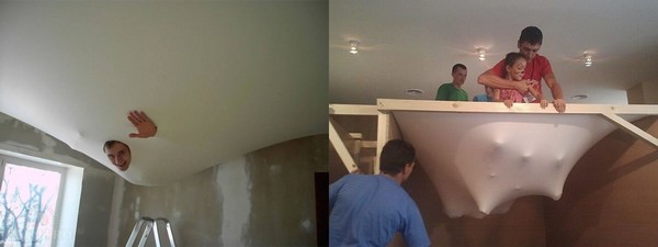 Демонстрация, прочности натяжных потолков. Полотно легко выдерживает нескольких людей