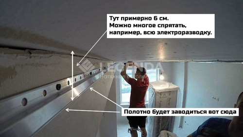 На фото наглядно  показано, сколько места, может оказаться спрятано за натяжным потолком